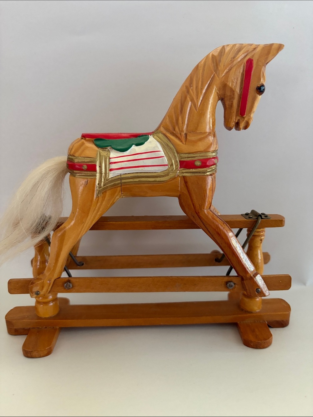 Vintage Miniature Wooden Rocking Horse Toy in Brown with Red & Green Accents